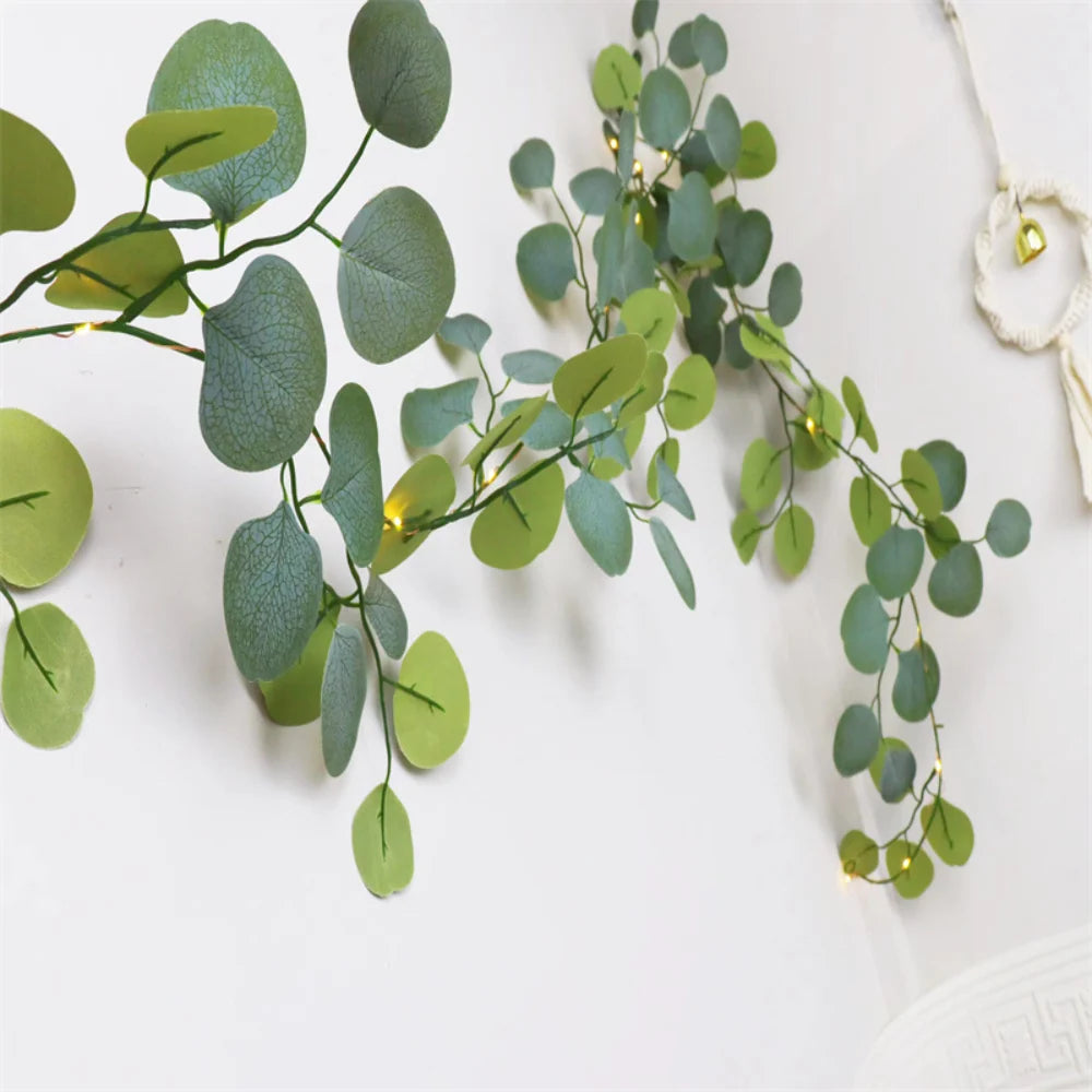Mantel Garland Faux Eucalyptus & Rattan Balls Battery-Powered Warm LEDs