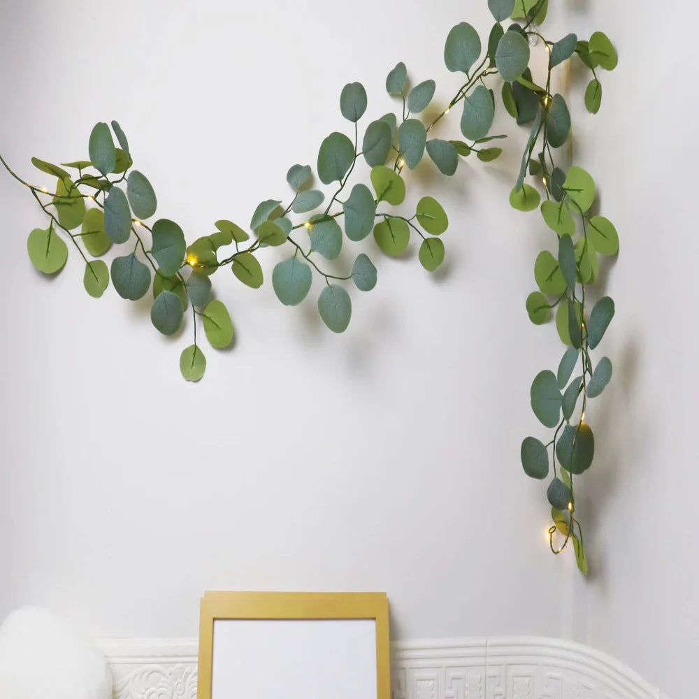 Mantel Garland Faux Eucalyptus & Rattan Balls Battery-Powered Warm LEDs