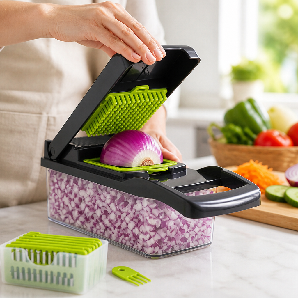 Manual Interchangeable Blade Vegetable Cutter (With Collection Container & Strainer)