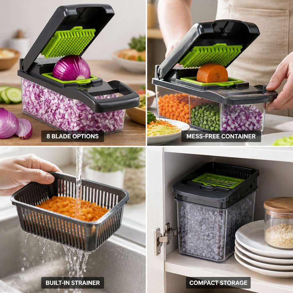 Manual Interchangeable Blade Vegetable Cutter (With Collection Container & Strainer)