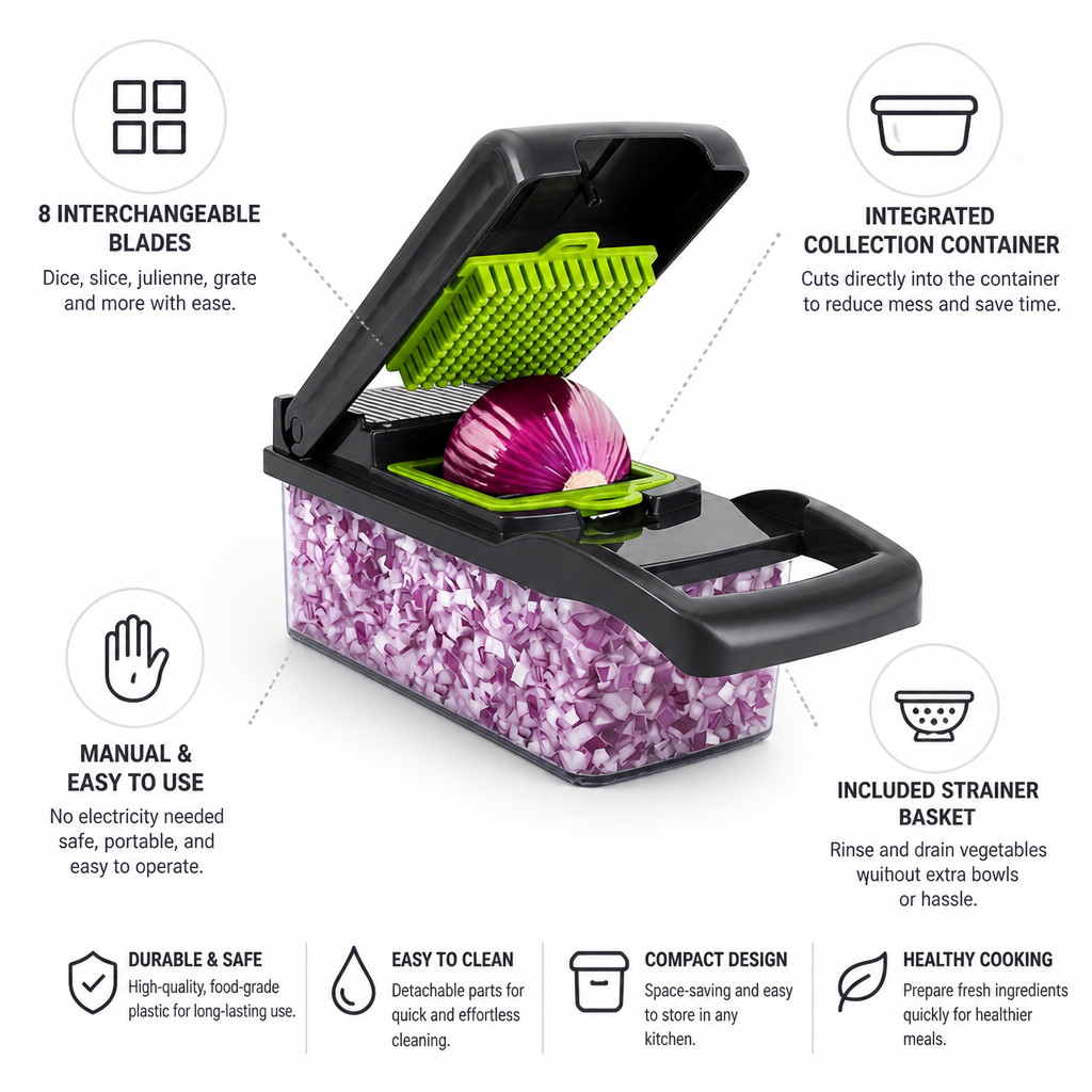 Manual Interchangeable Blade Vegetable Cutter (With Collection Container & Strainer)