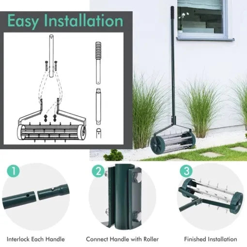Manual Lawn Aerator Upright Handle Rolling Spikes 18 Inch