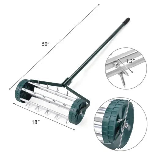 Manual Lawn Aerator Upright Handle Rolling Spikes 18 Inch