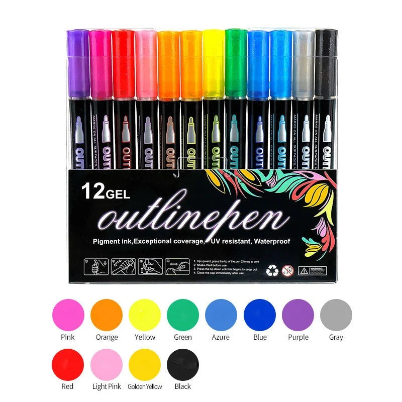 Marker Pen Set Dual-Line Metallic Outline Water-Based Ink