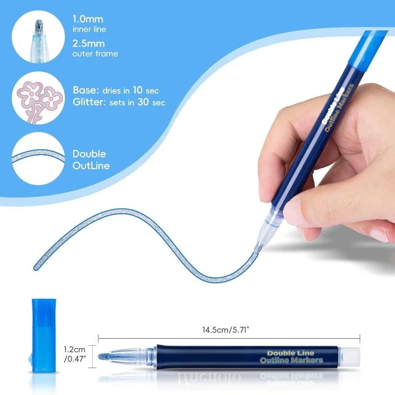 Marker Pen Set Dual-Line Metallic Outline Water-Based Ink