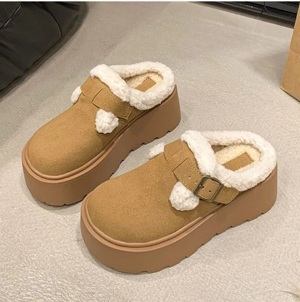 Mary Jane Loafers Suede Sheepskin Lined Platform Adjustable Buckle