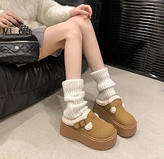 Mary Jane Loafers Suede Sheepskin Lined Platform Adjustable Buckle