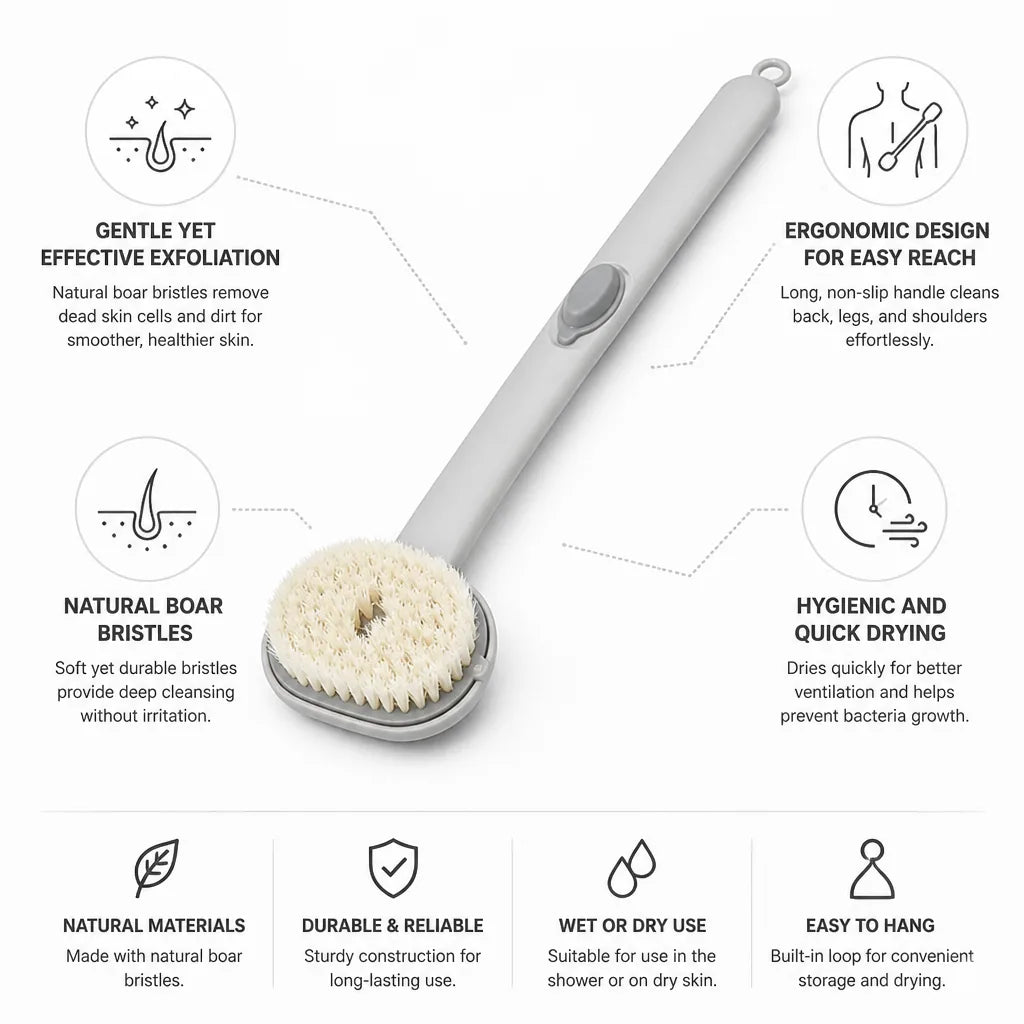Massage Bath Brush Natural Boar Bristles & Long Handle