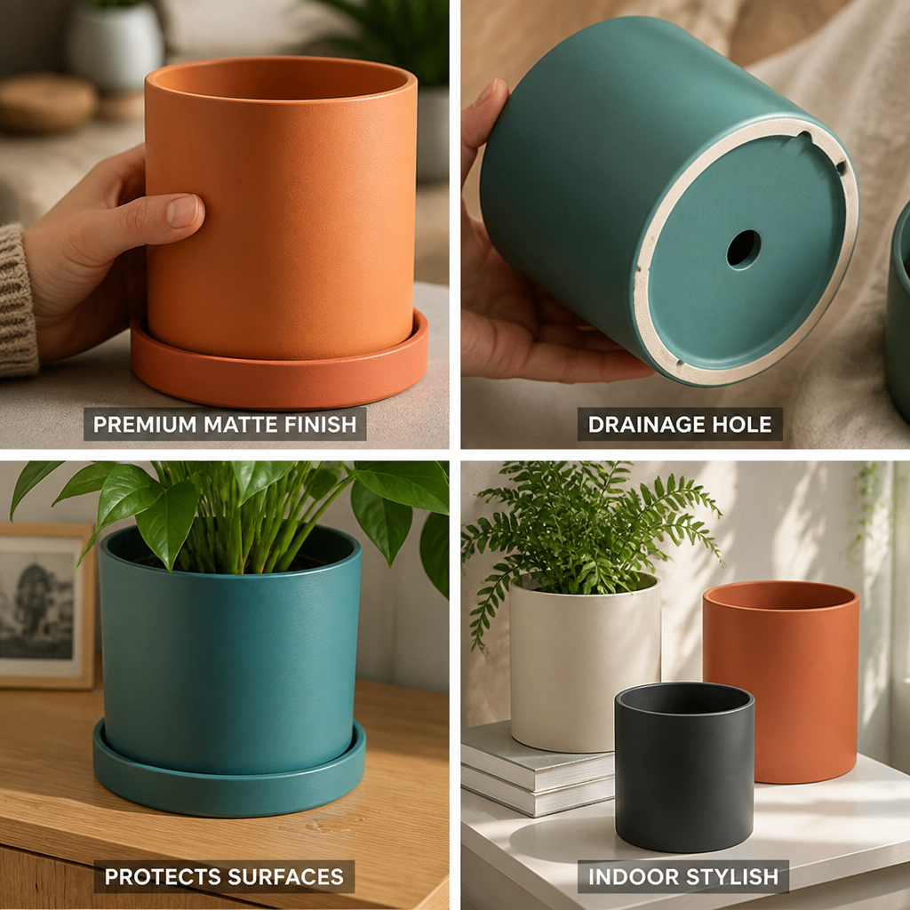 Matte Glazed Ceramic Indoor Plant Pot (Drainage Hole & Saucer)