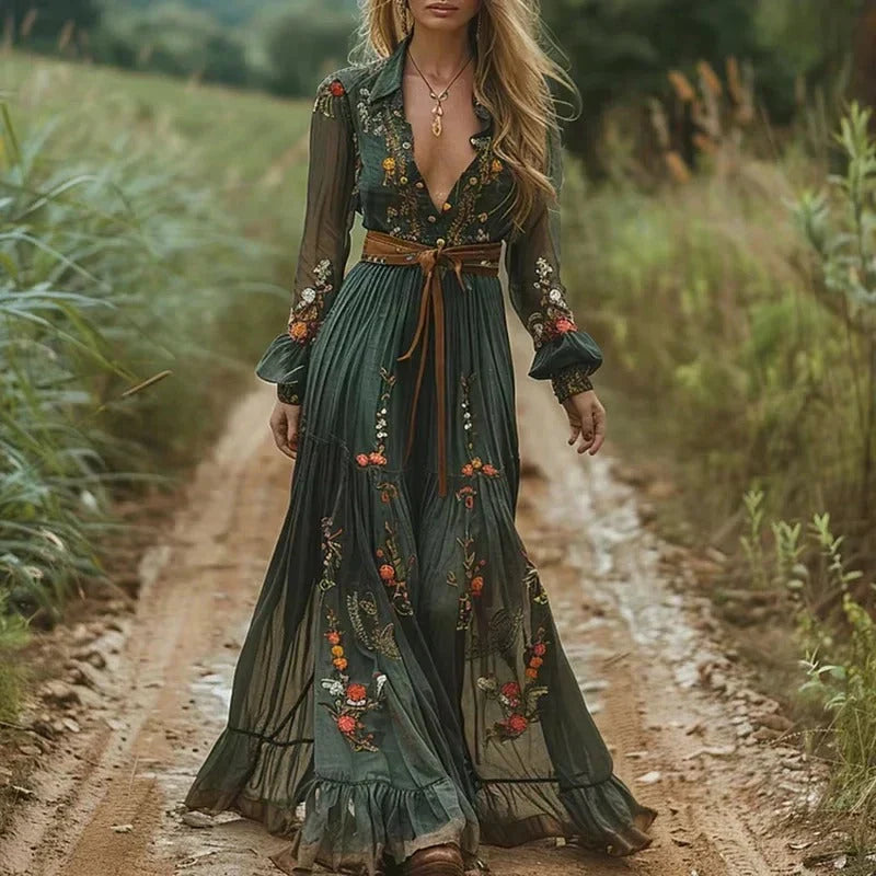 Maxi Dress Long Sleeve Floral & Tiered Skirt