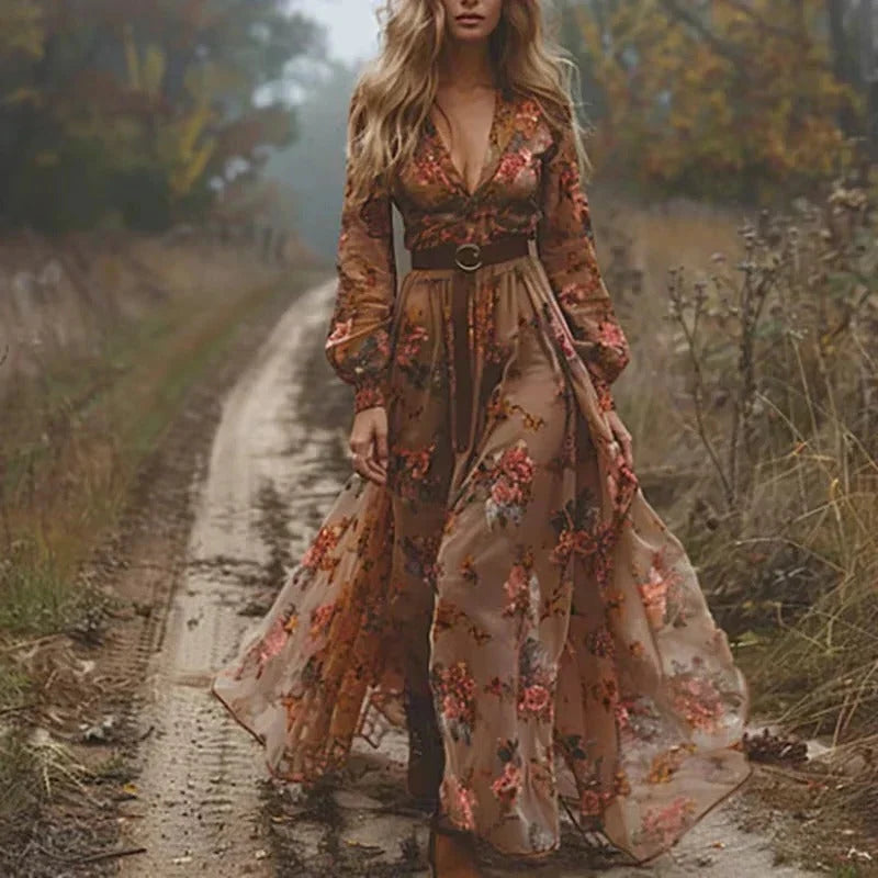 Maxi Dress Long Sleeve Floral & Tiered Skirt