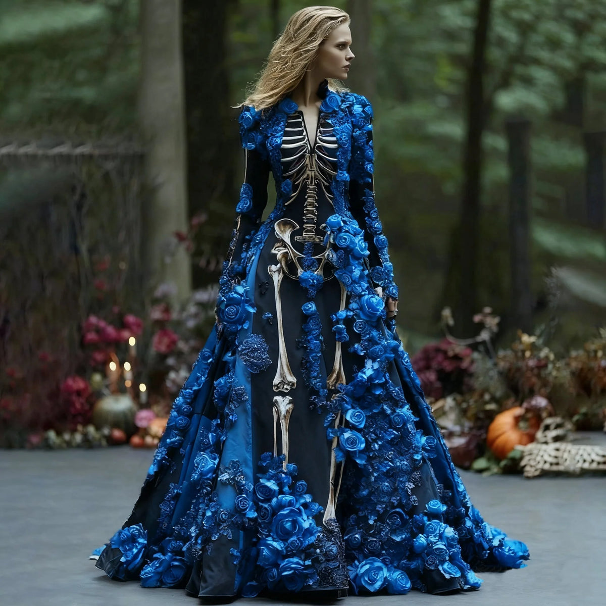 Maxi Dress Skeleton Floral Print Long Sleeve