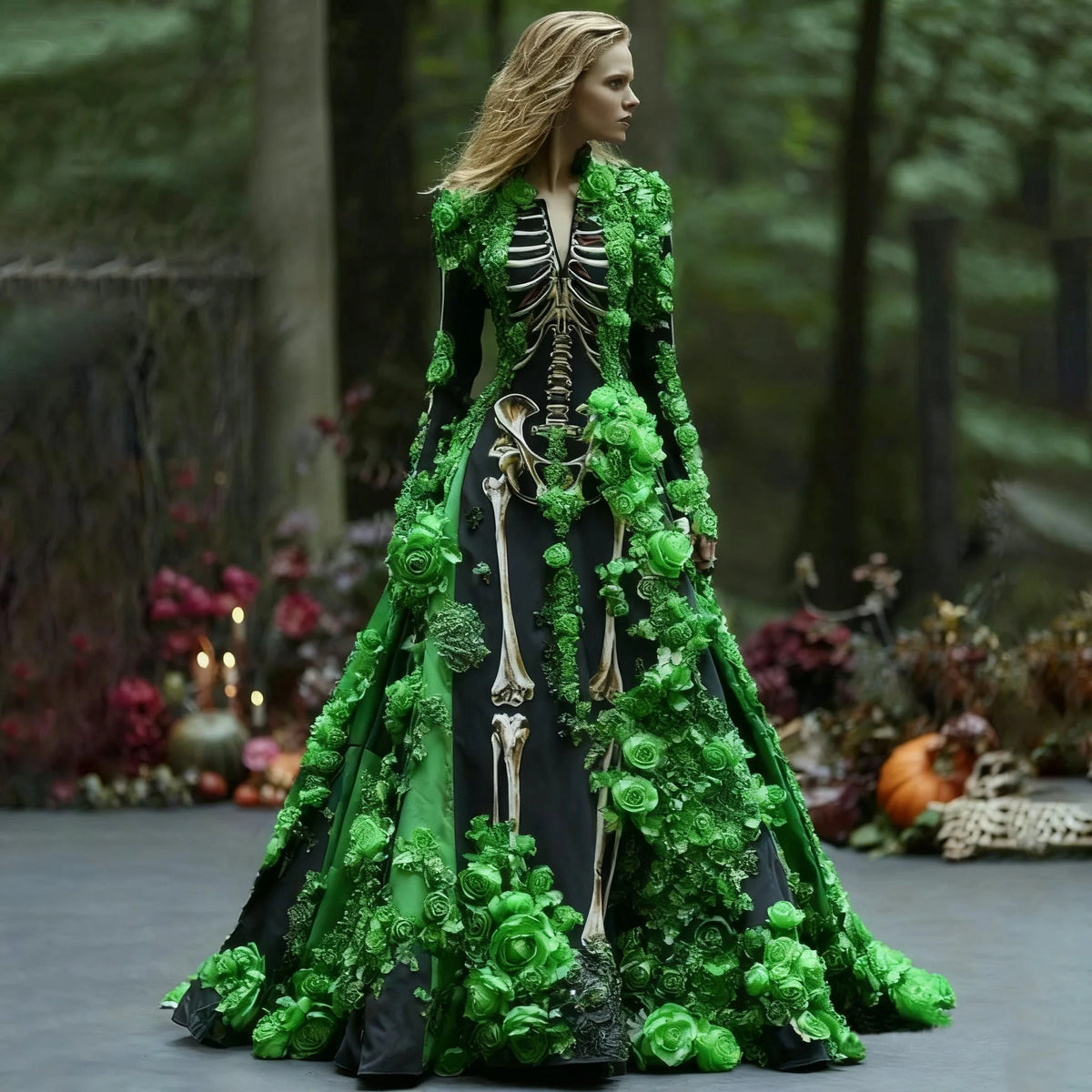 Maxi Dress Skeleton Floral Print Long Sleeve