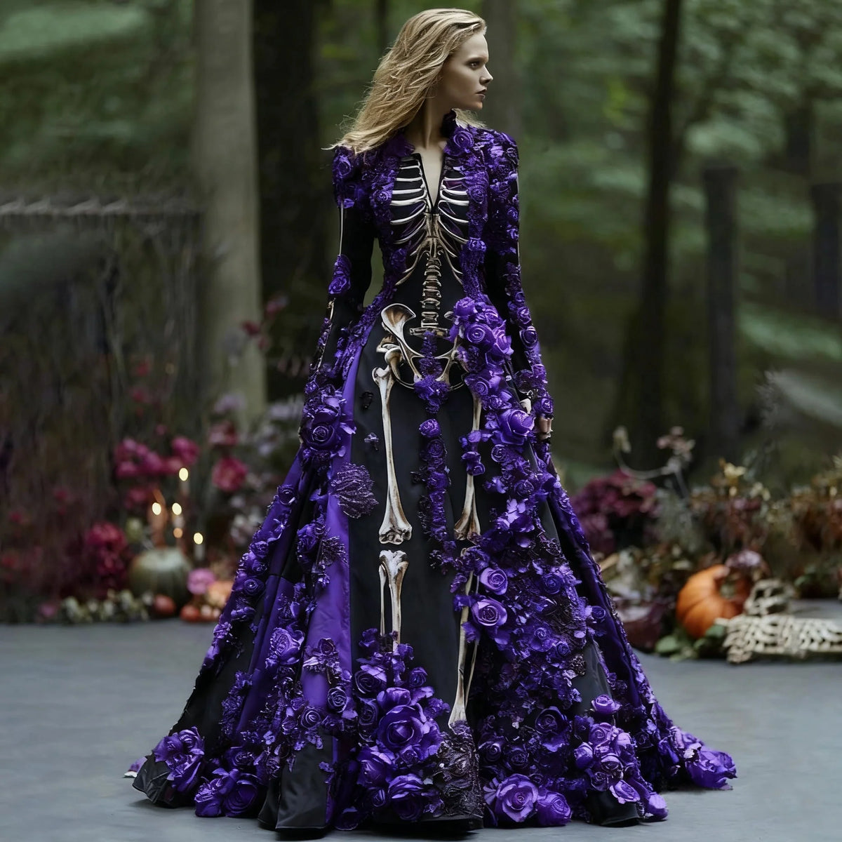 Maxi Dress Skeleton Floral Print Long Sleeve