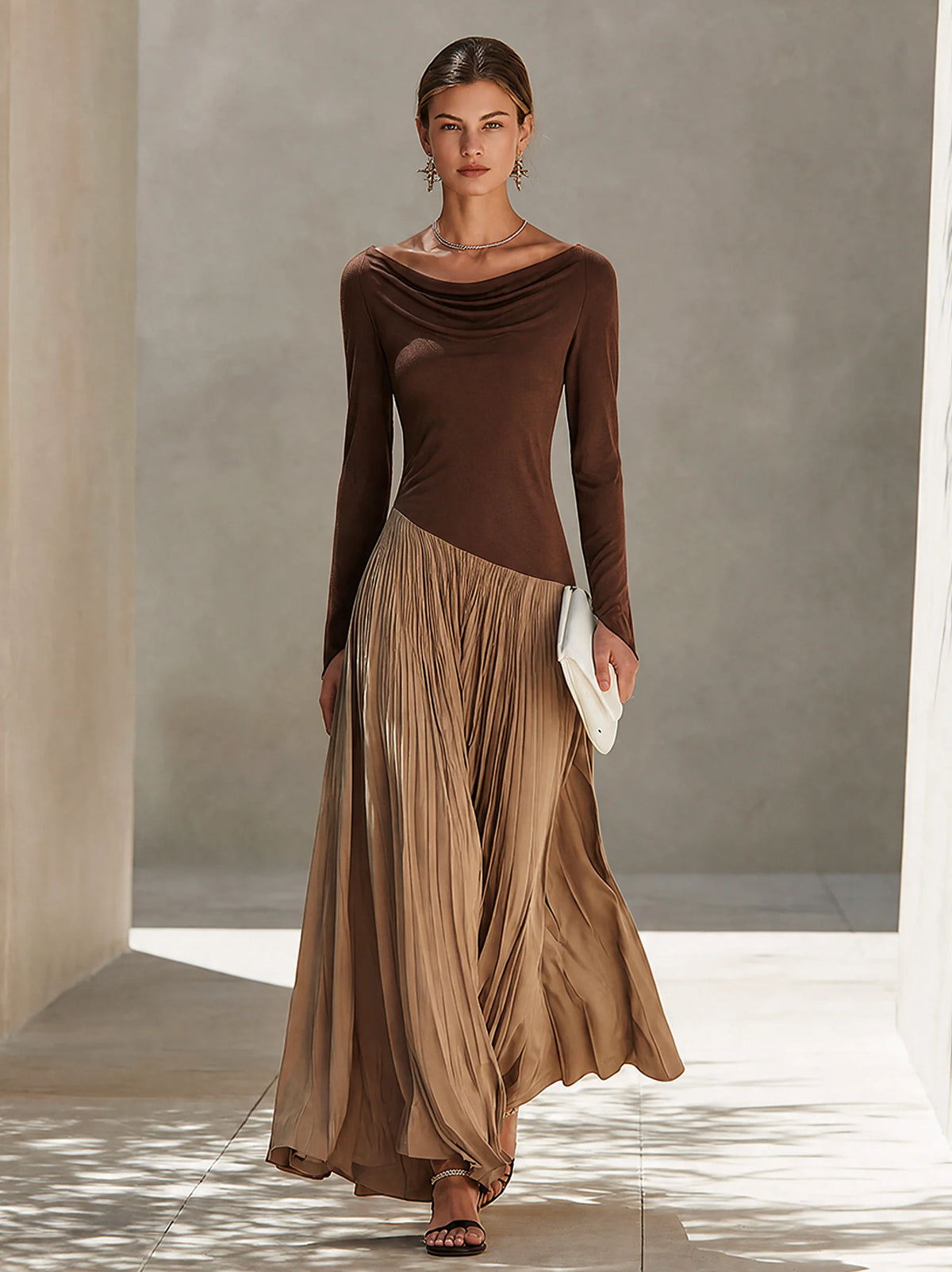 Maxi Dress Two-Tone Color-Block Draped Off-Shoulder Neckline pleated skirt
