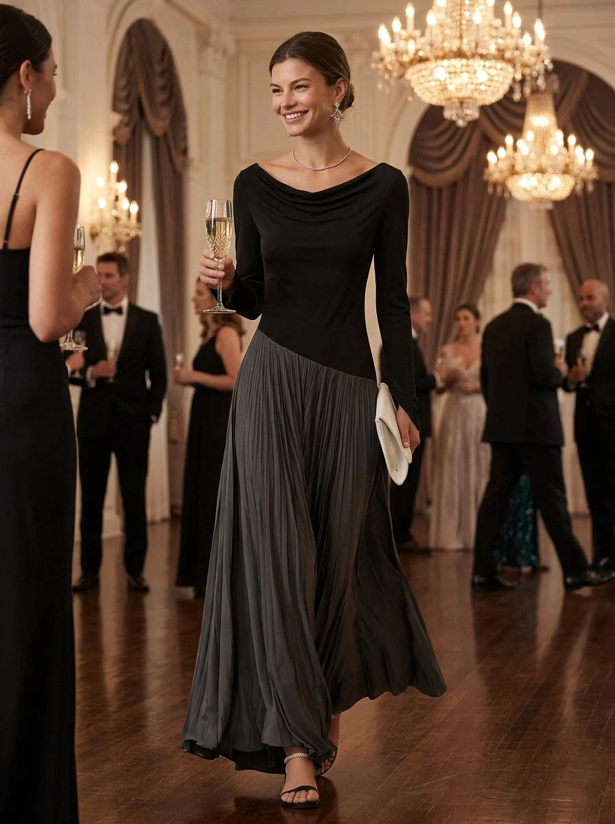 Maxi Dress Two-Tone Color-Block Draped Off-Shoulder Neckline pleated skirt
