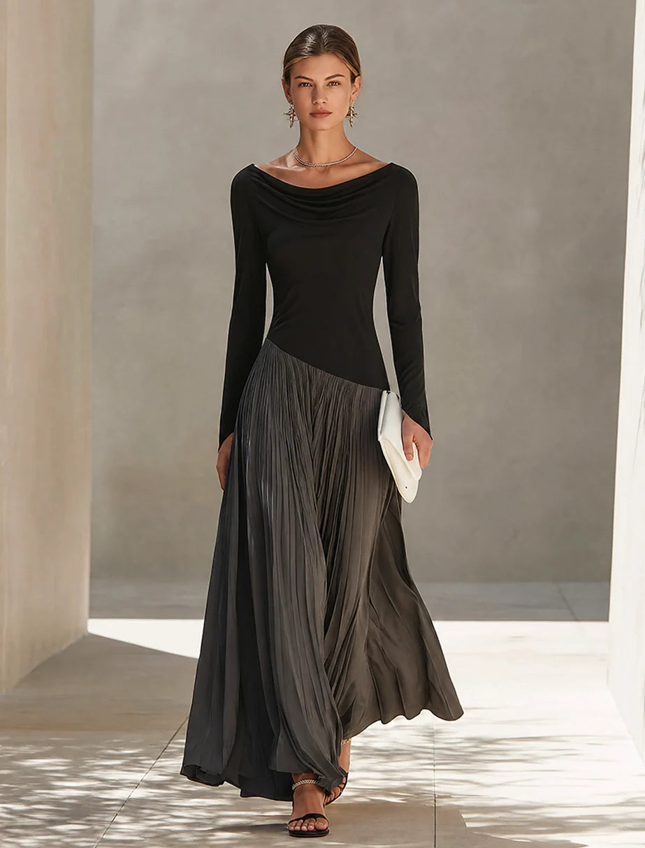 Maxi Dress Two-Tone Color-Block Draped Off-Shoulder Neckline pleated skirt