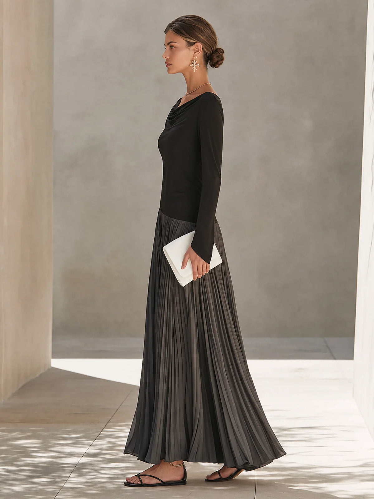 Maxi Dress Two-Tone Color-Block Draped Off-Shoulder Neckline pleated skirt
