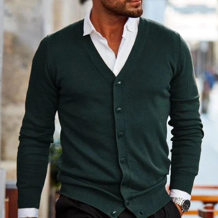 Men’s Cardigan V-Neck Button-Front Ribbed Cuffs & Hem