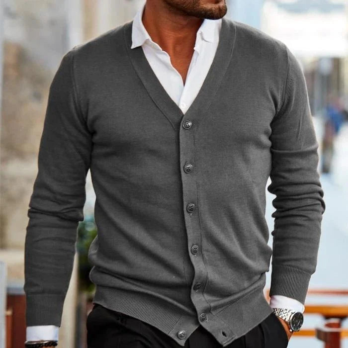 Men’s Cardigan V-Neck Button-Front Ribbed Cuffs & Hem