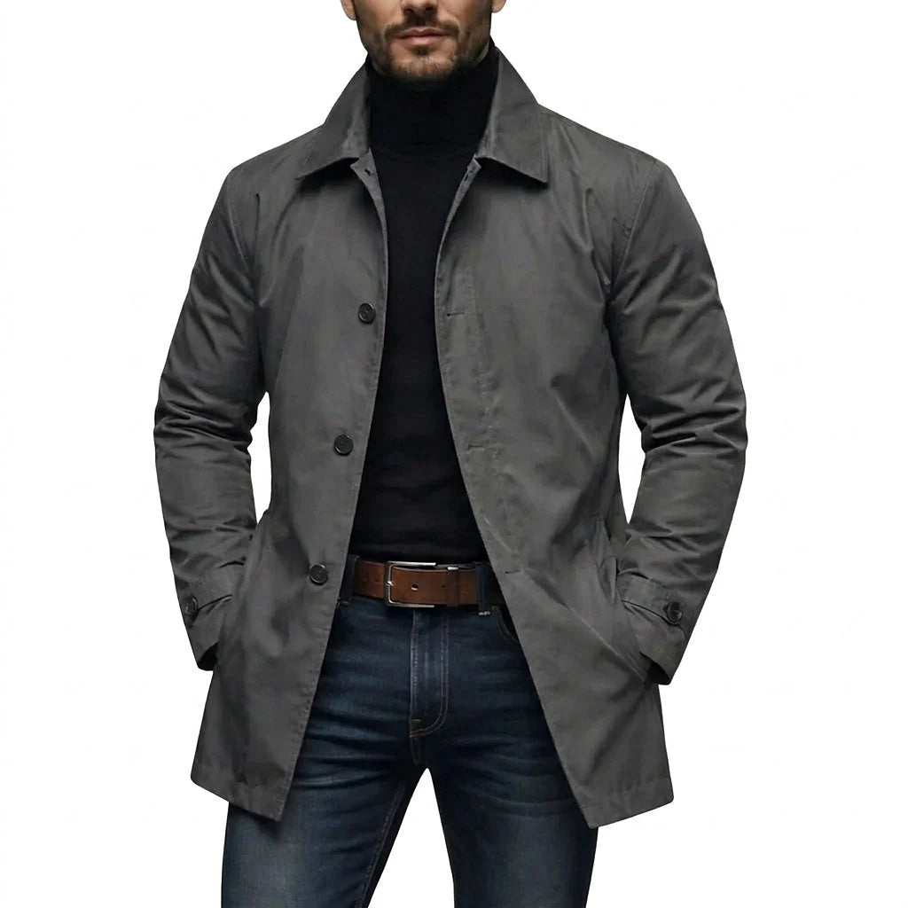 Men’s Coat Mid-Length Button-Front Turn-Down Collar & Side Pockets