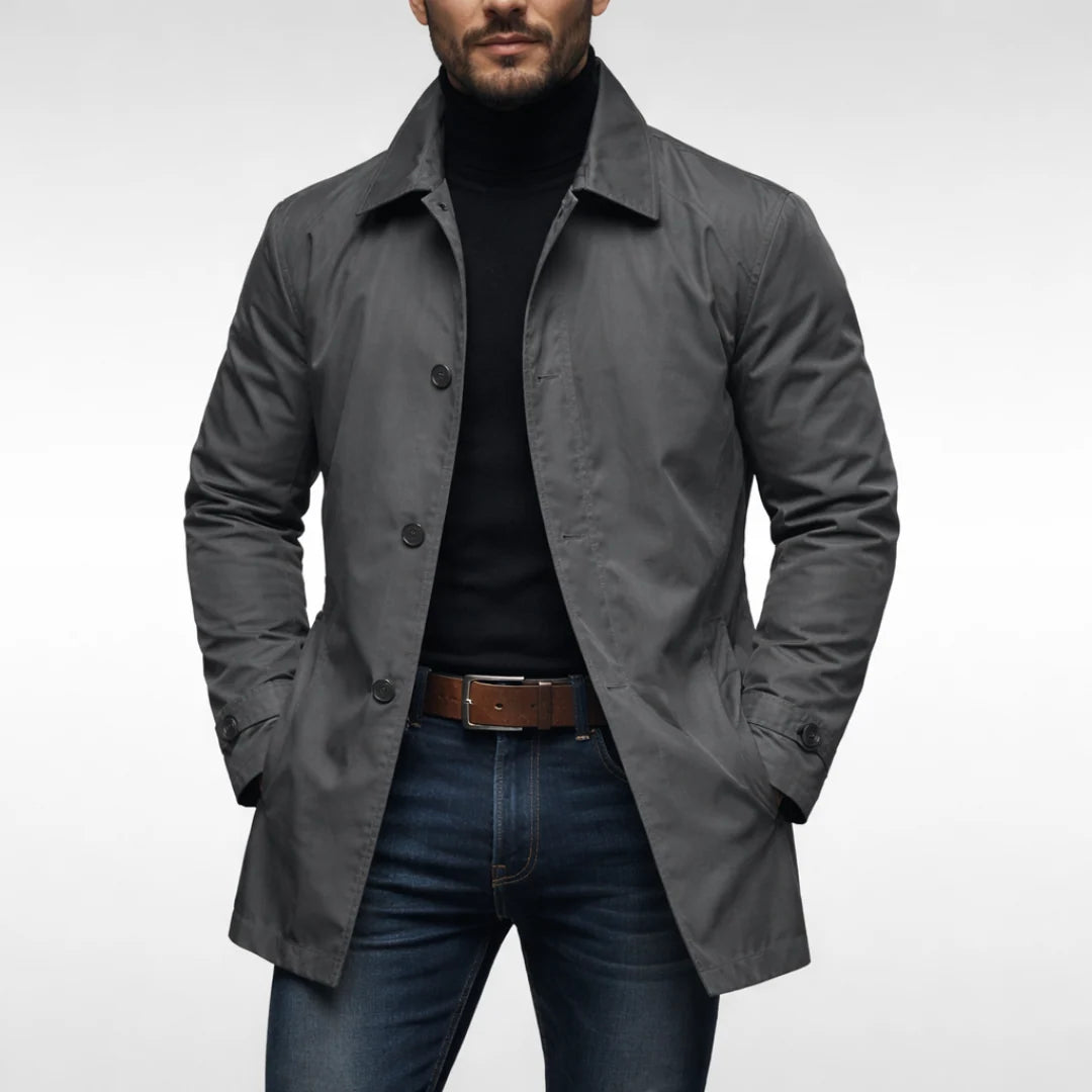 Men’s Coat Mid-Length Button-Front Turn-Down Collar & Side Pockets