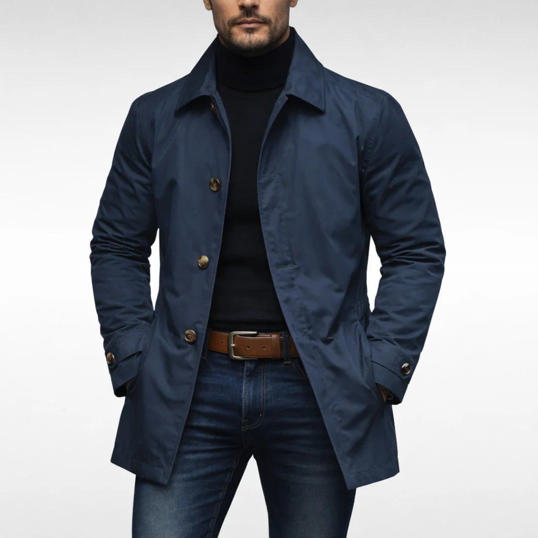 Men’s Coat Mid-Length Button-Front Turn-Down Collar & Side Pockets
