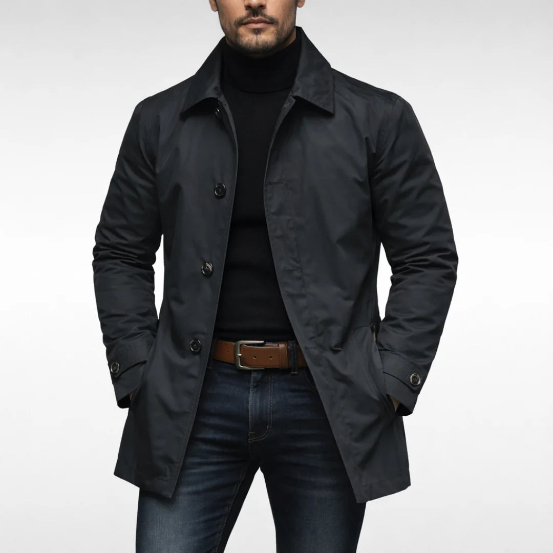 Men’s Coat Mid-Length Button-Front Turn-Down Collar & Side Pockets