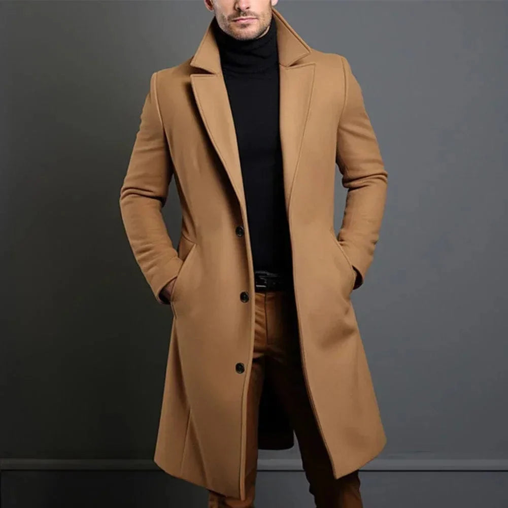 Men’s Long Coat Wool Blend Windproof Deep Pockets