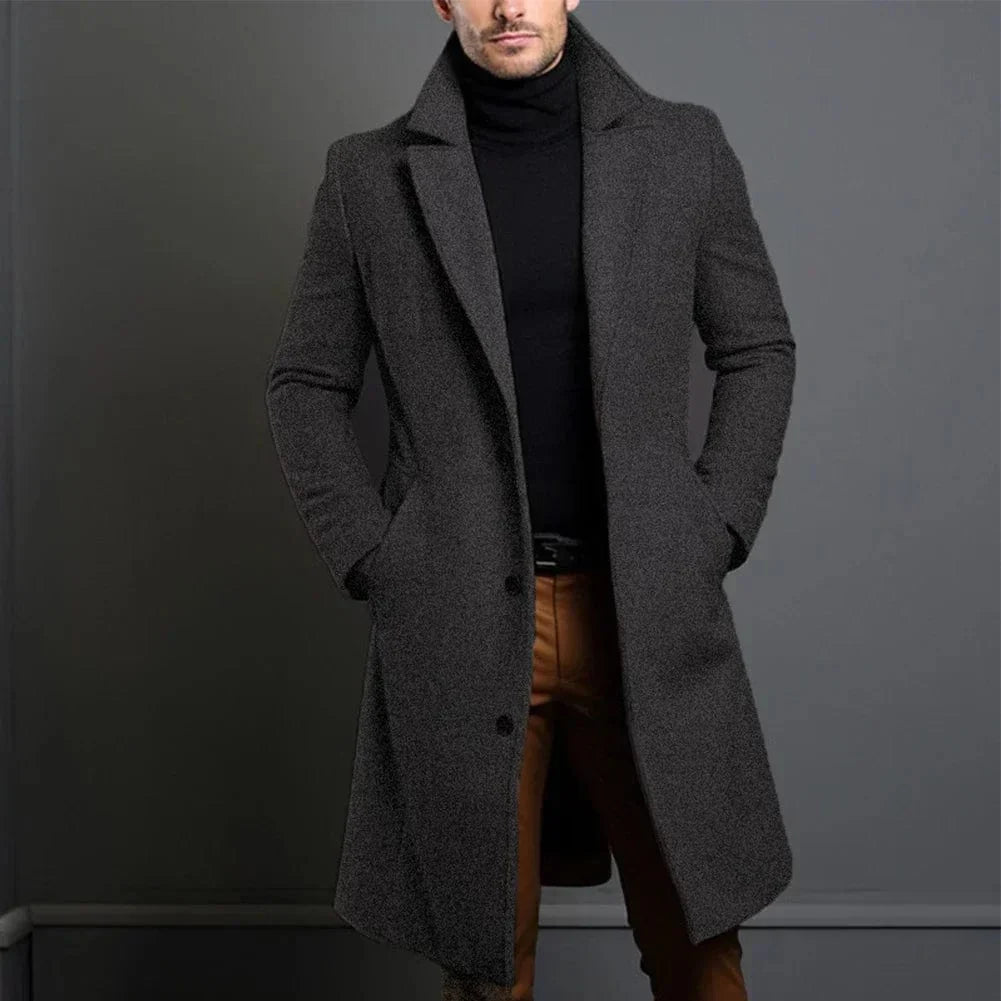 Men’s Long Coat Wool Blend Windproof Deep Pockets