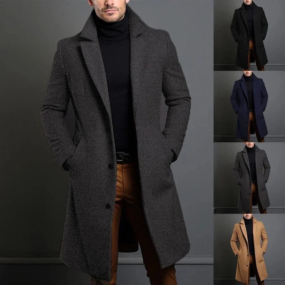 Men’s Long Coat Wool Blend Windproof Deep Pockets