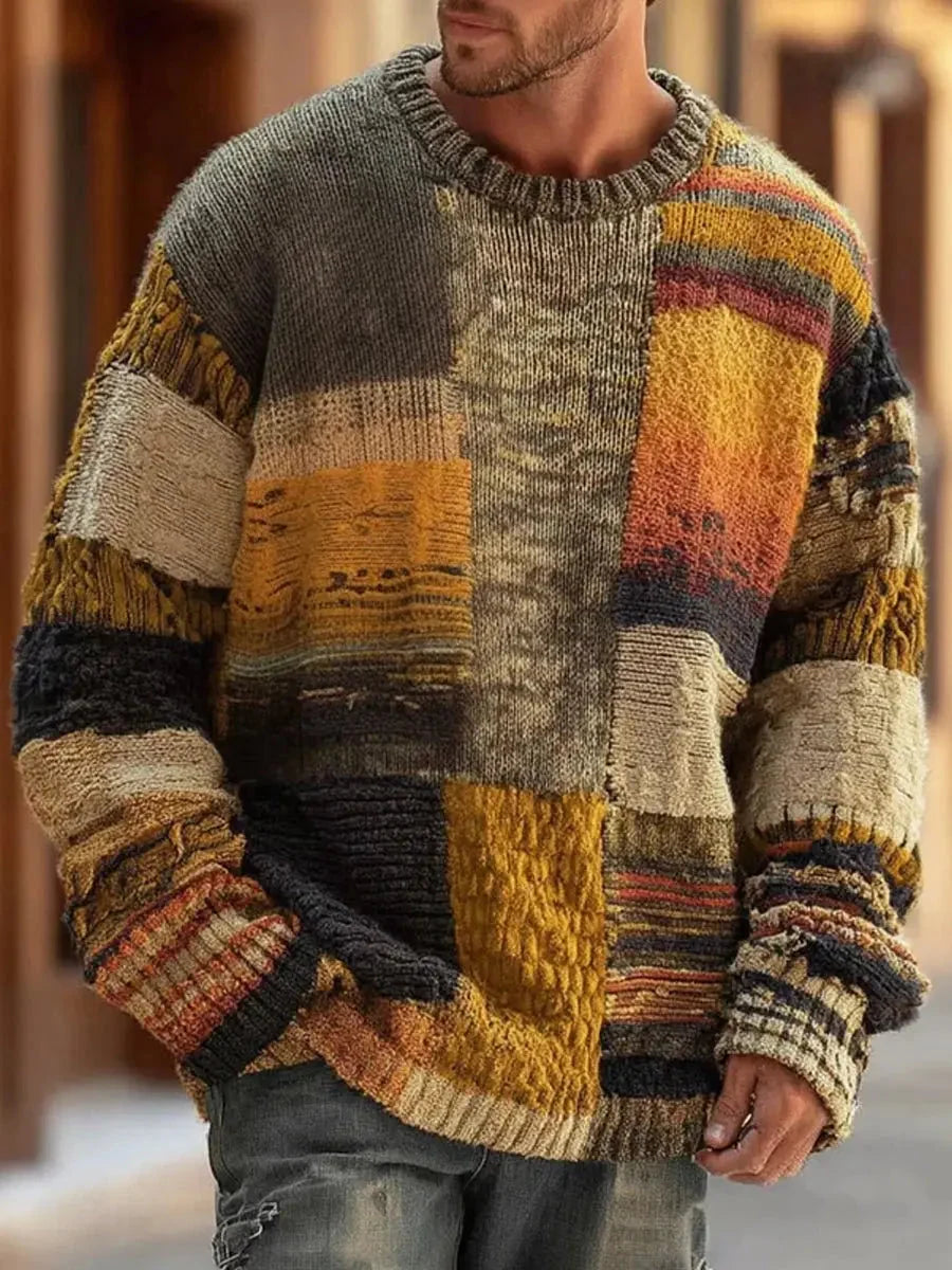 Men’s Sweater Chunky Knit Patchwork Color Block