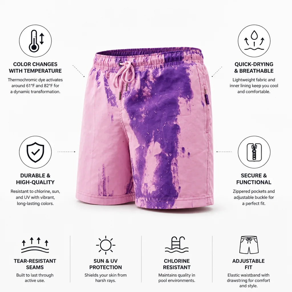 Men's Swim Shorts Color-Changing Quick-Dry Zippered Pockets