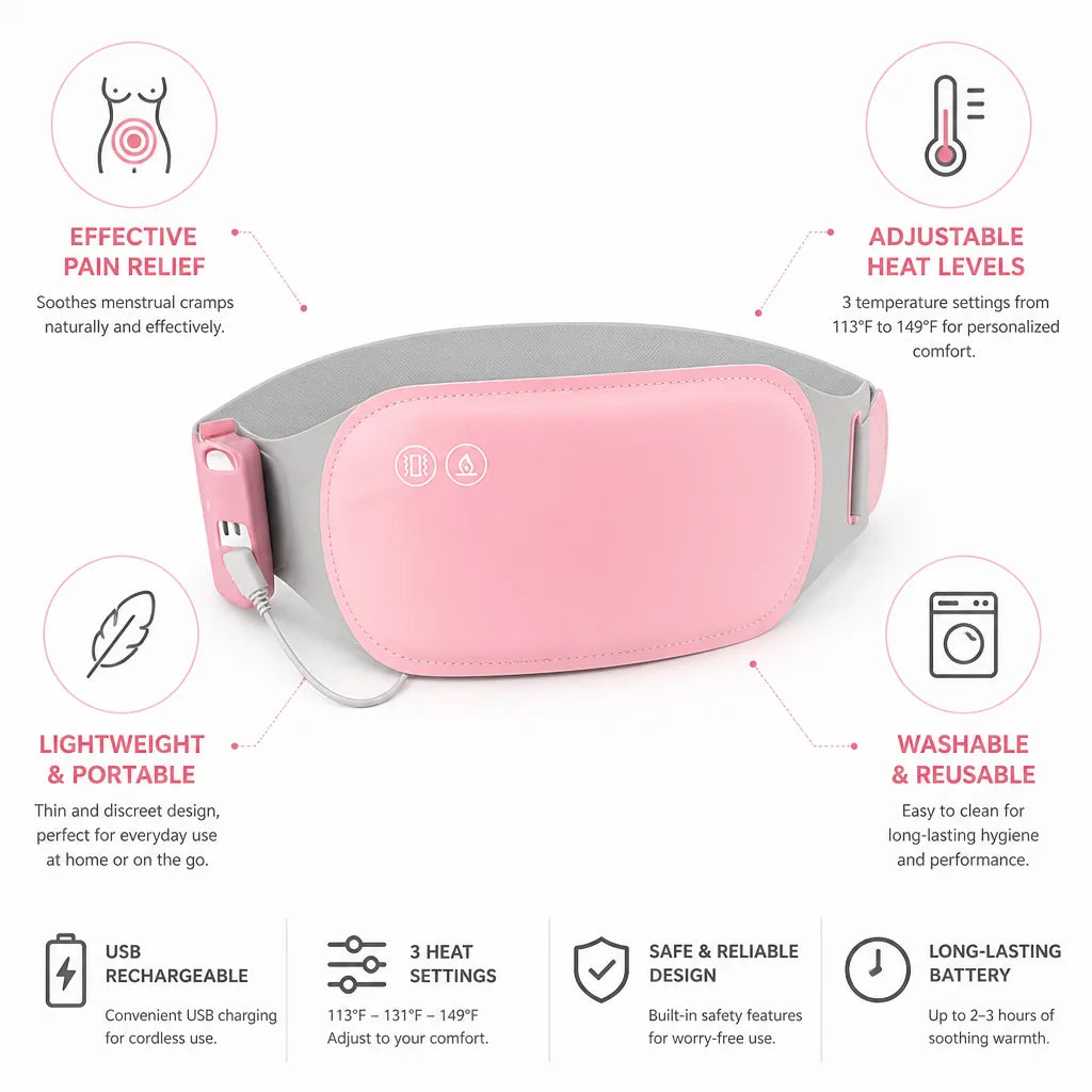 Menstrual Heating Pad USB Rechargeable Adjustable Heat Washable