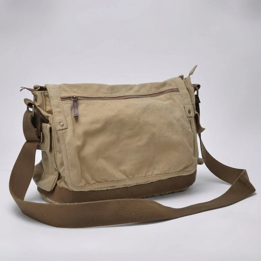 Messenger Bag Pre-Washed Cotton Canvas Spacious Multi-Pocket Storage