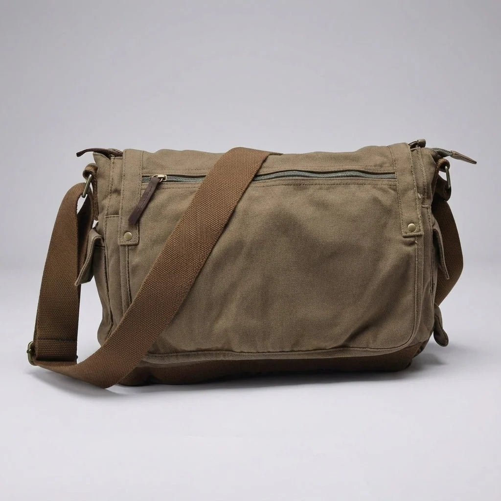 Messenger Bag Pre-Washed Cotton Canvas Spacious Multi-Pocket Storage