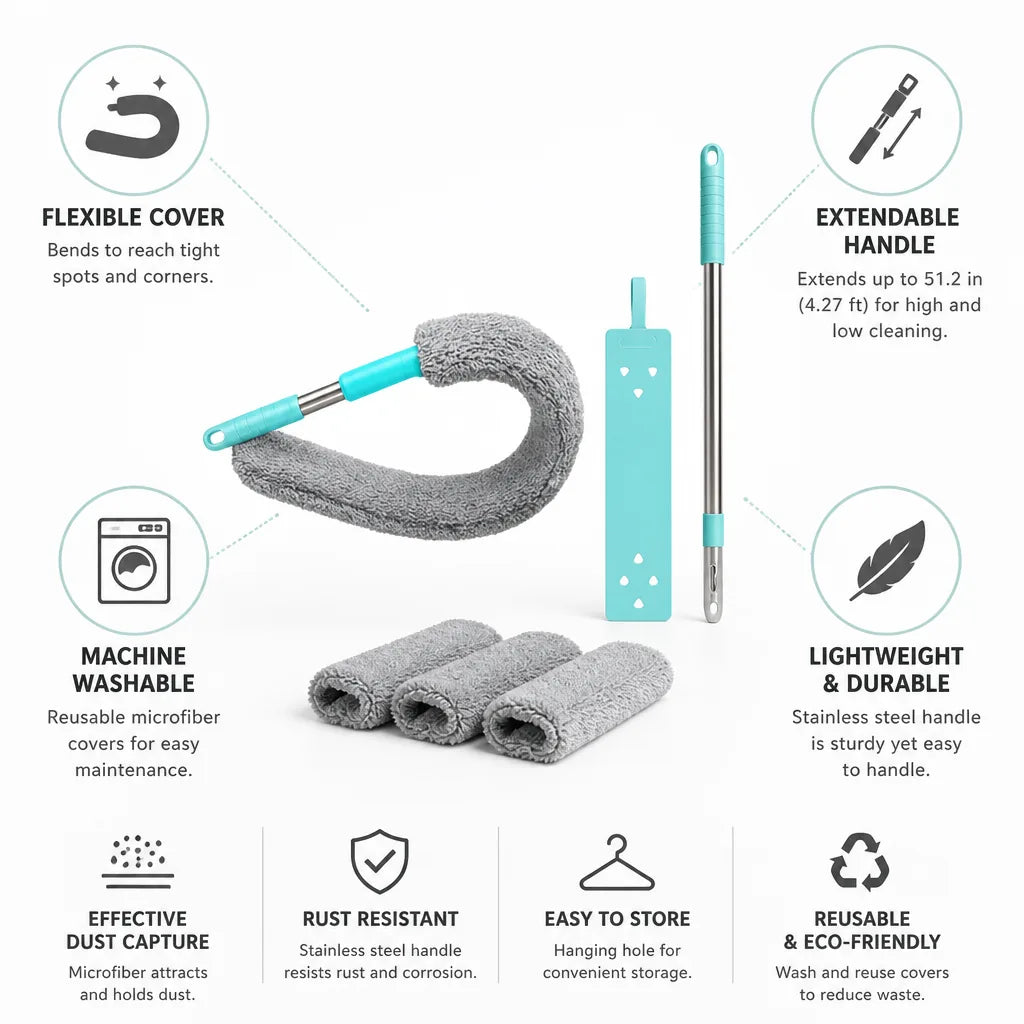 Microfiber Duster Bendable Head Telescoping Handle Machine-Washable Covers