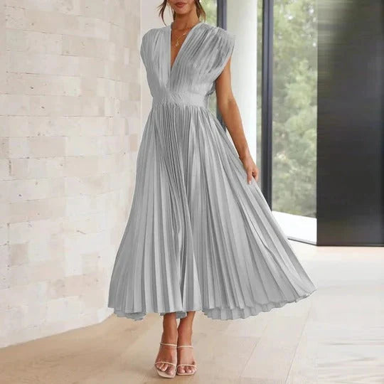 Midi Dress V-Neck Tie Back Pleated Skirt