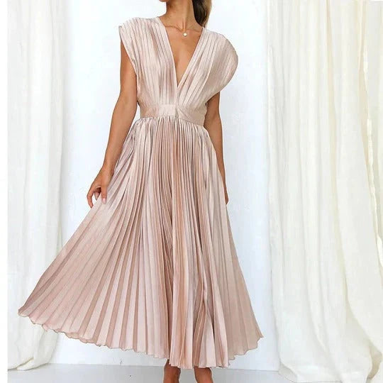 Midi Dress V-Neck Tie Back Pleated Skirt