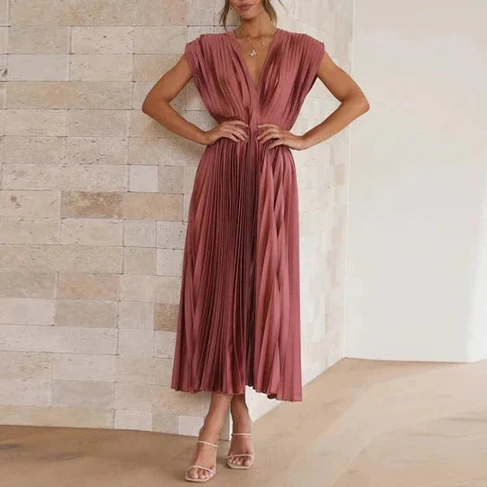 Midi Dress V-Neck Tie Back Pleated Skirt