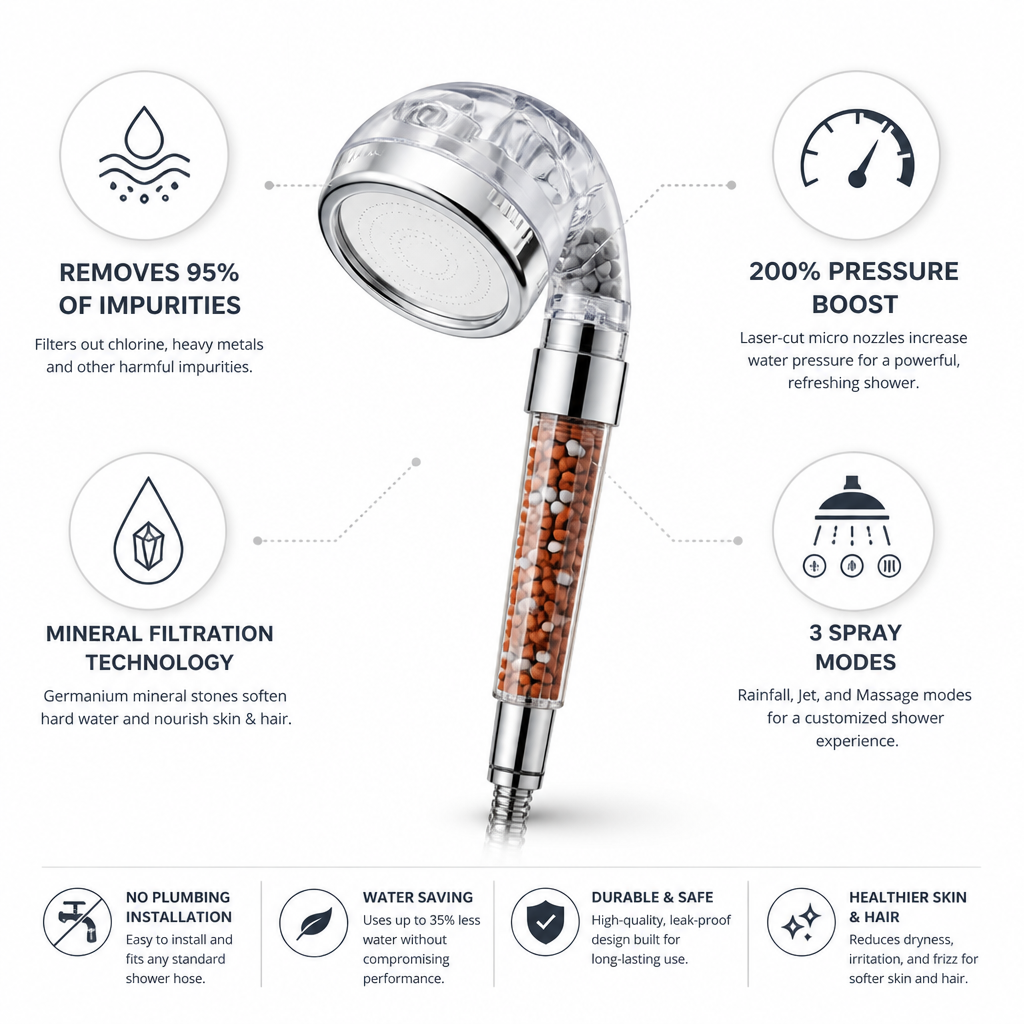 Mineral Filtration & Pressure-Boost Shower Head (3 Spray Modes)