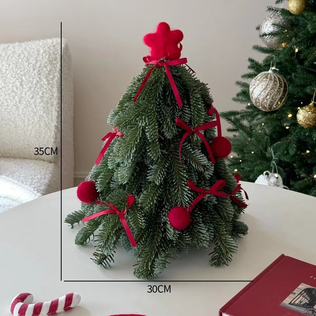 Mini Christmas Tree Artificial Foliage Red Ribbons & Pom-Poms