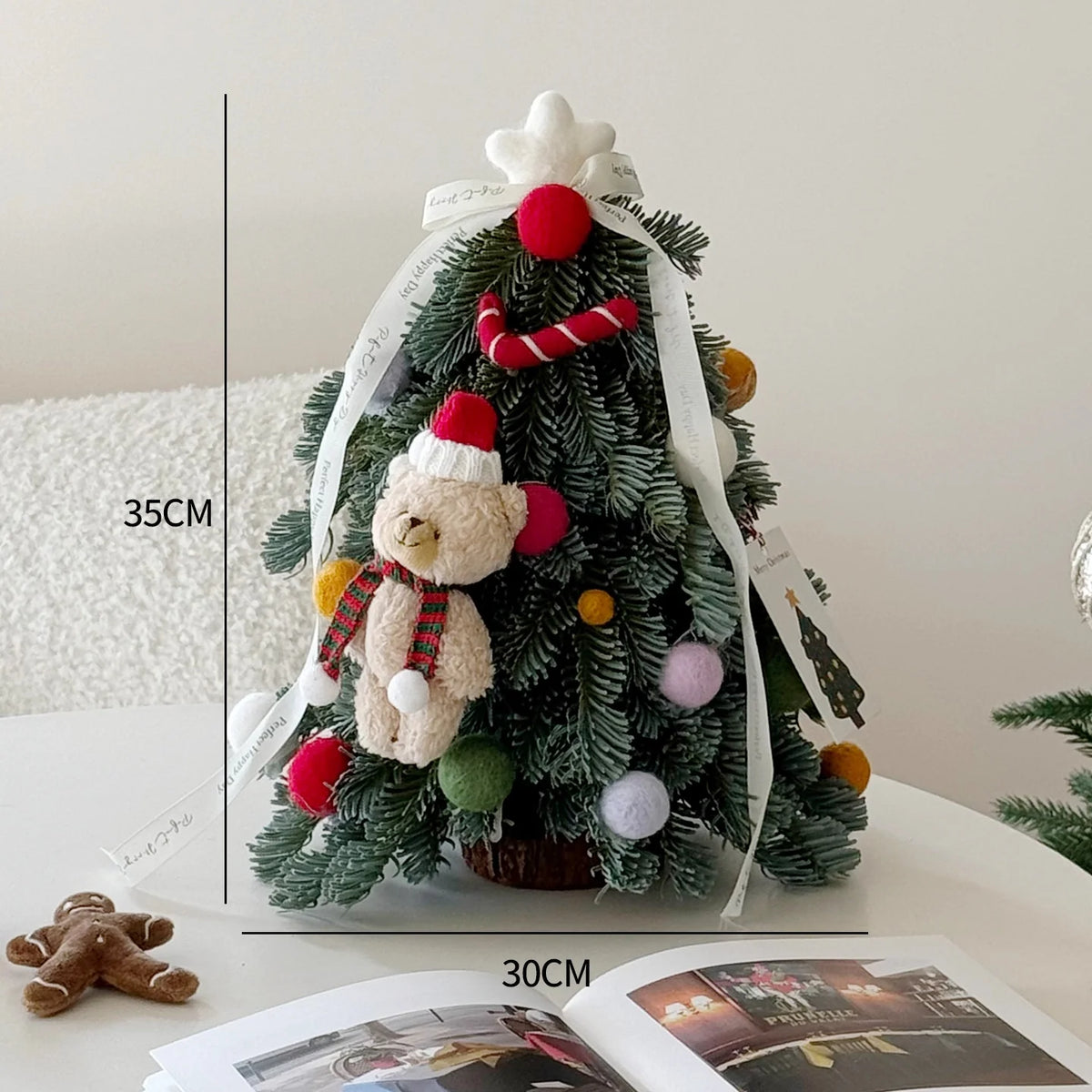 Mini Christmas Tree Artificial Foliage Red Ribbons & Pom-Poms