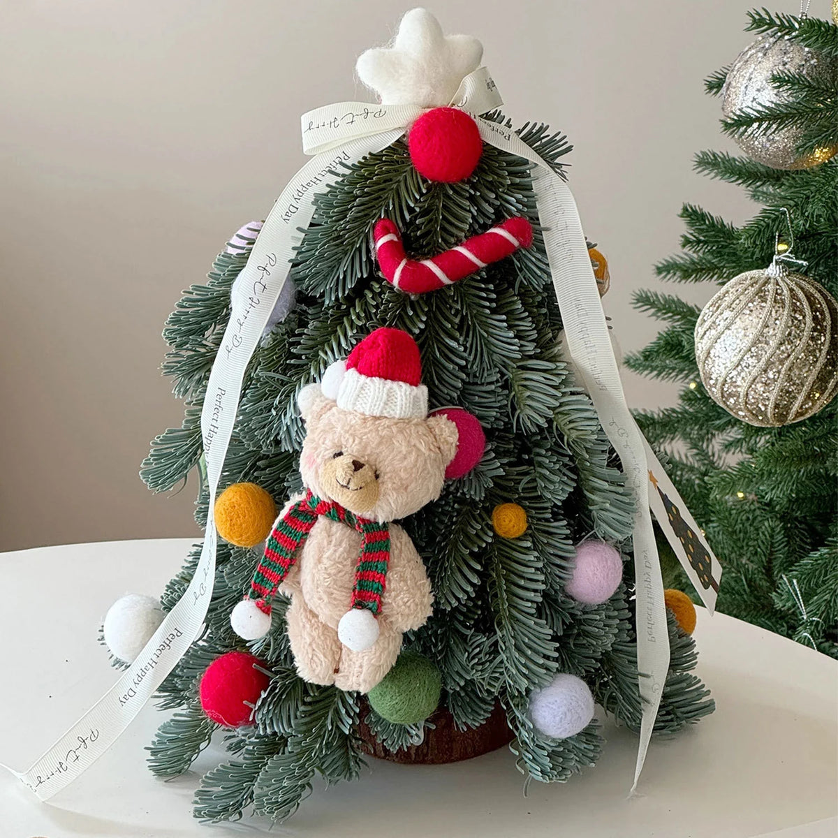 Mini Christmas Tree Artificial Foliage Red Ribbons & Pom-Poms