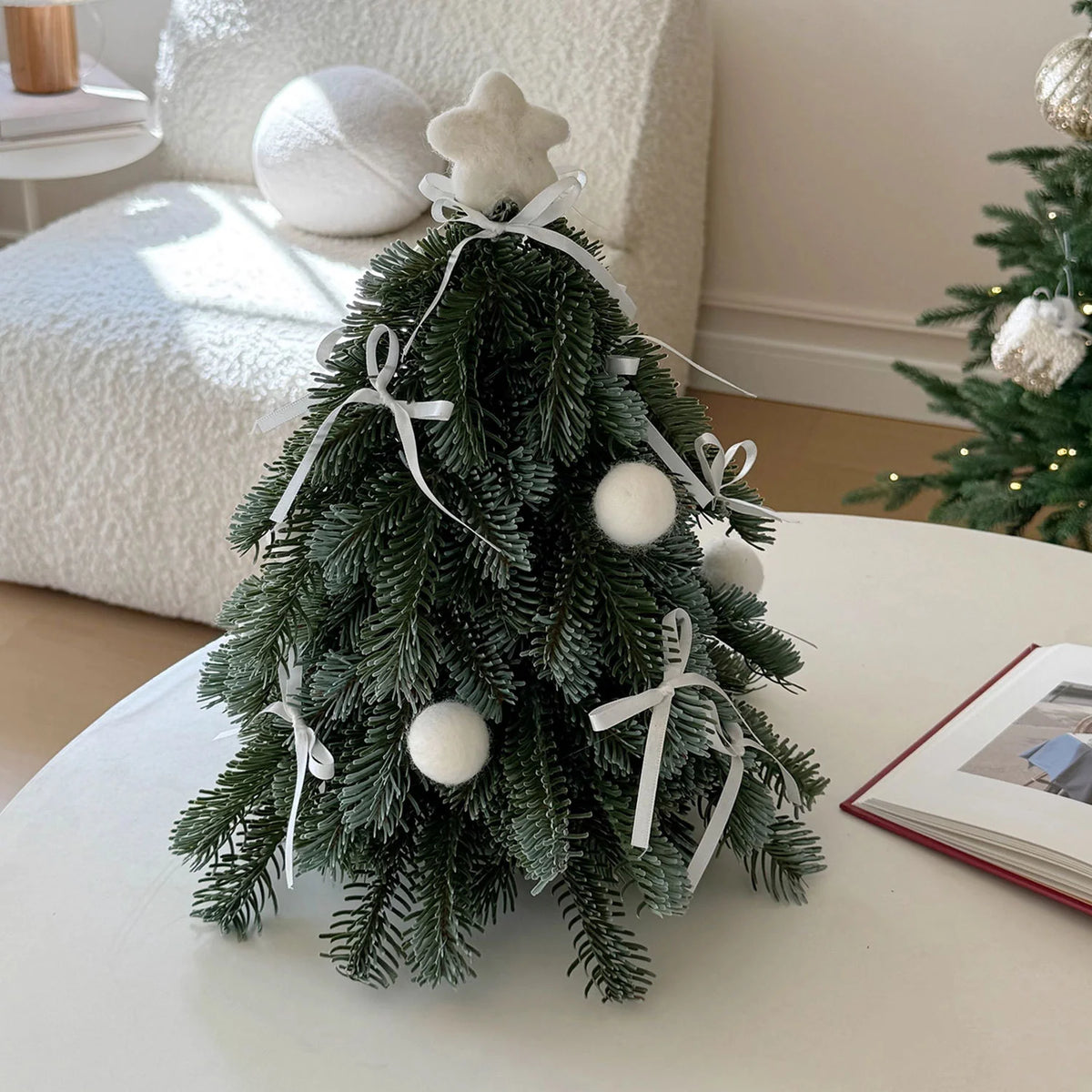 Mini Christmas Tree Artificial Foliage Red Ribbons & Pom-Poms