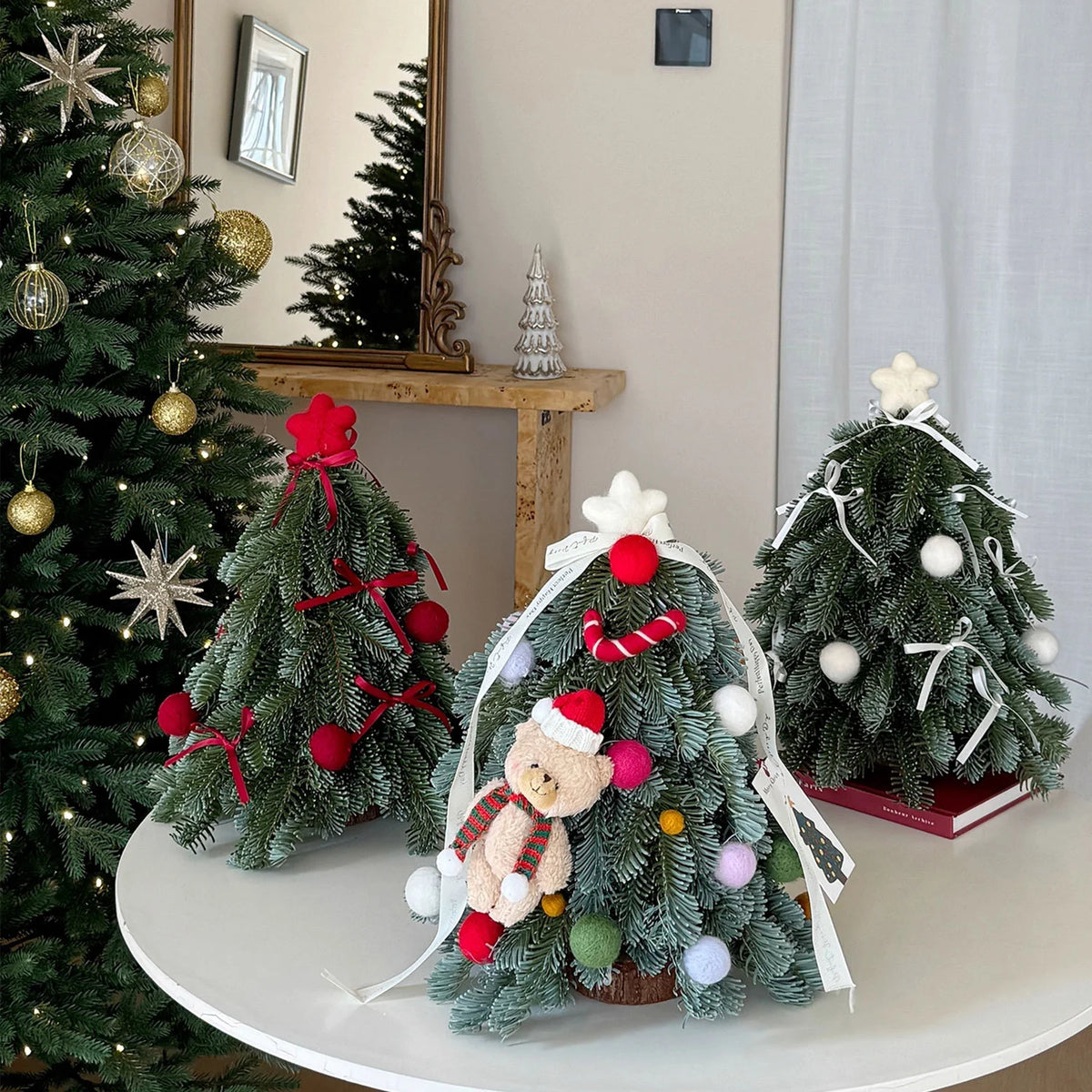 Mini Christmas Tree Artificial Foliage Red Ribbons & Pom-Poms