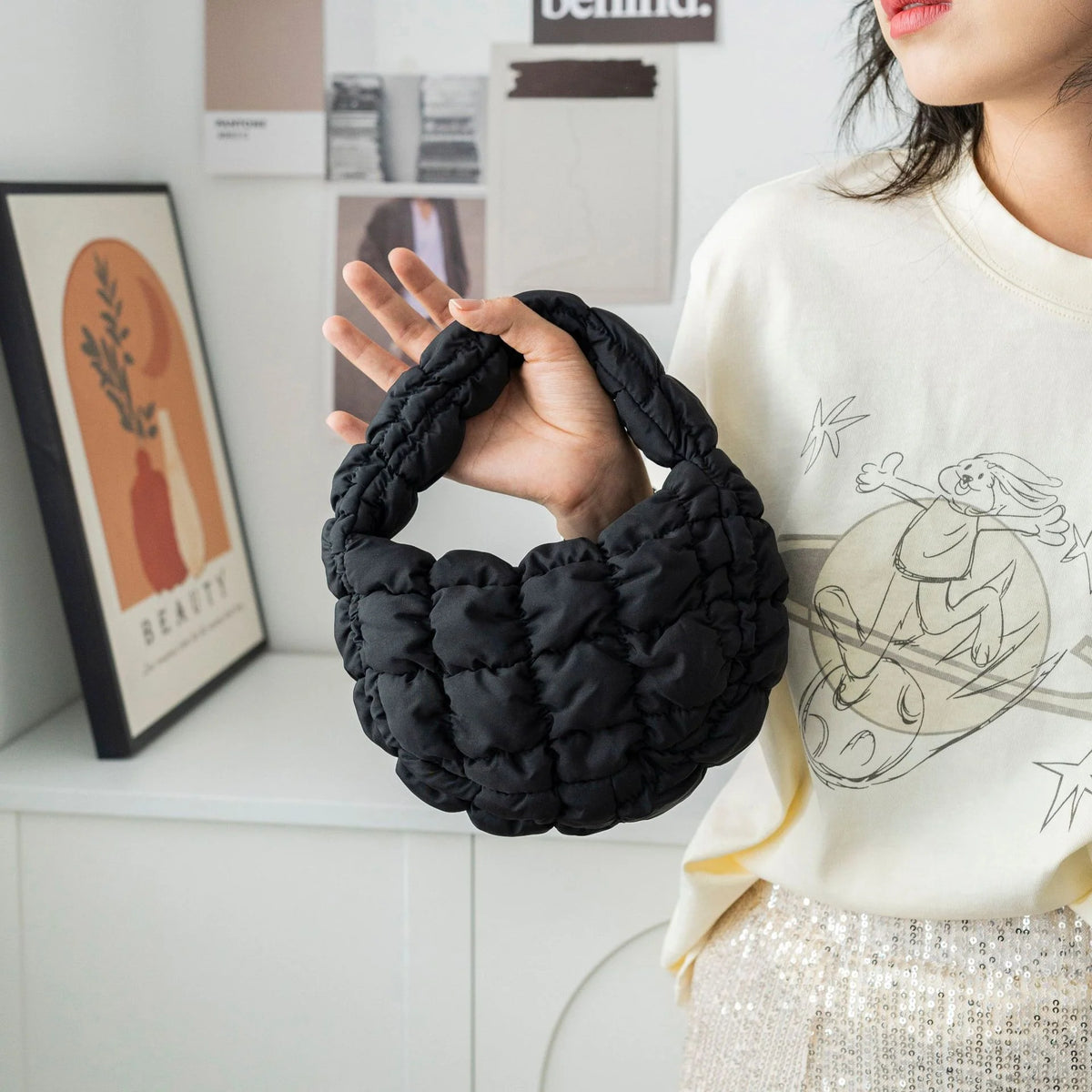 Mini Crossbody Bag Quilted Design Padded Handles