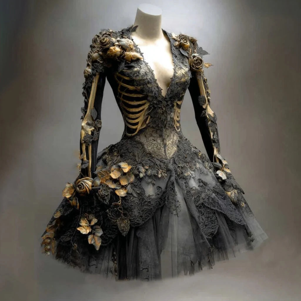 Mini Dress Long Sleeve Skeleton & Floral Appliqués