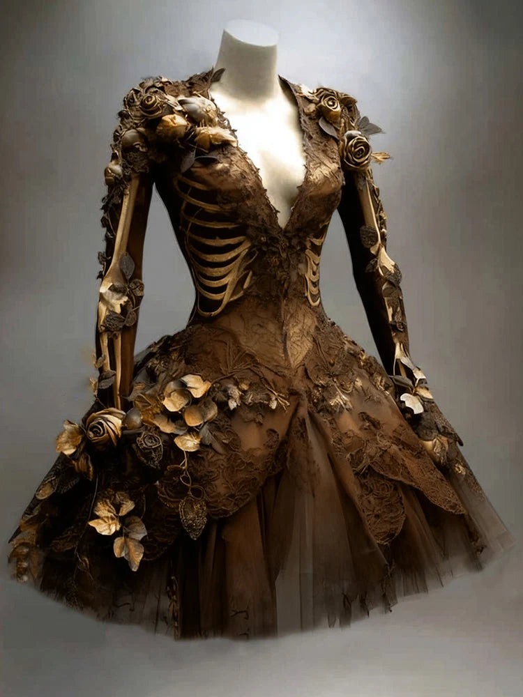 Mini Dress Long Sleeve Skeleton & Floral Appliqués
