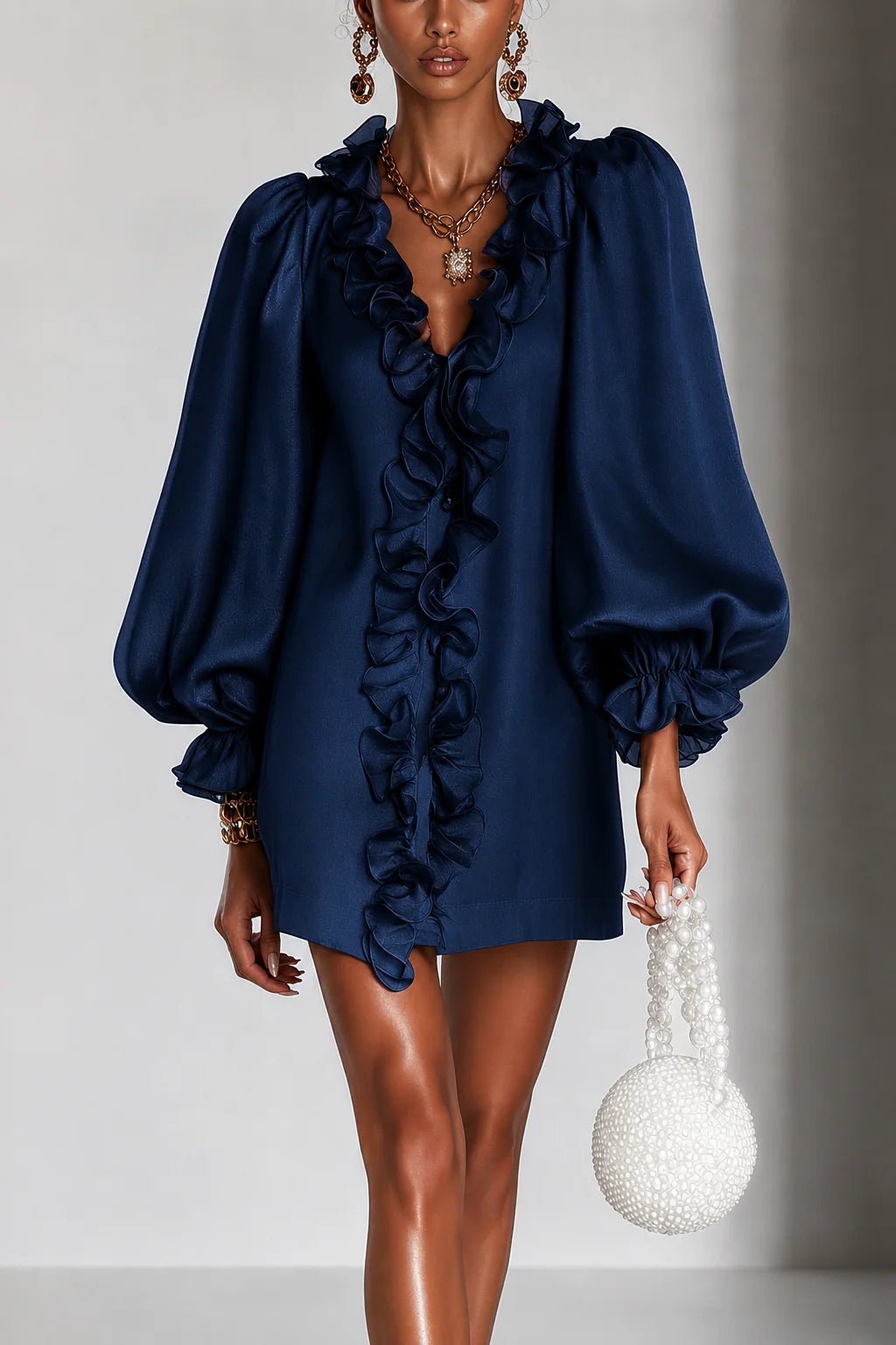Mini Dress Ruffled Puff Sleeves Subtle Shimmer
